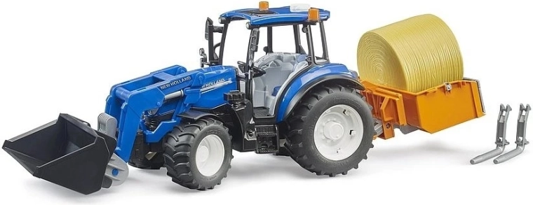Bruder traktor NEW HOLLAND T5.120 s čelnim nakladačem, koritom, vilicami in balo sena
