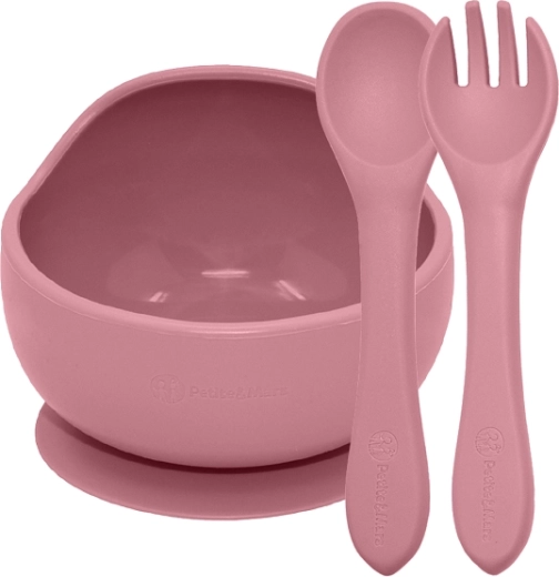 Petite&Mars silikonski jedilni set Take&Match: skleda s priseskom + pribor dusty rose (6m+)