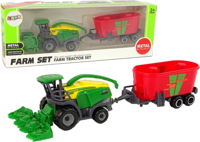 Kombajn s prikolico – zeleno‑rdeč kmetijski stroj, plastična igrača