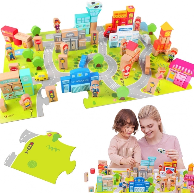 Leseniški set Lesene kocke Postavi mesto 120 kosov