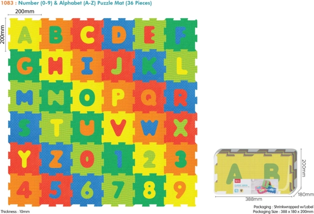 Pene puzzle za tla, 36 kosov, z številkami in črkami iz EVA za otroke 10m+