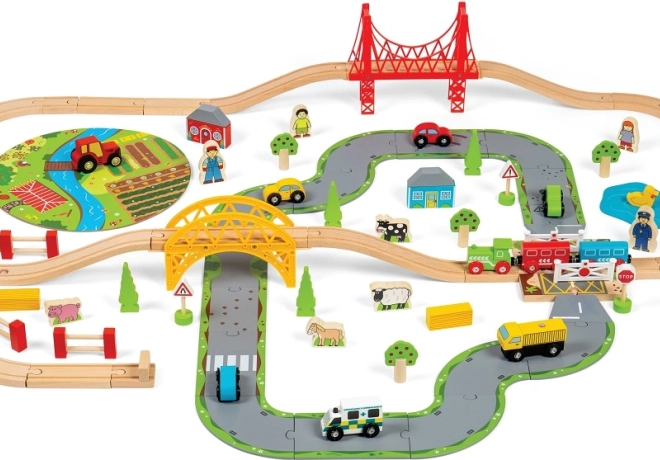 Lesena železniška proga z vaško cesto podjetja Bigjigs Rail