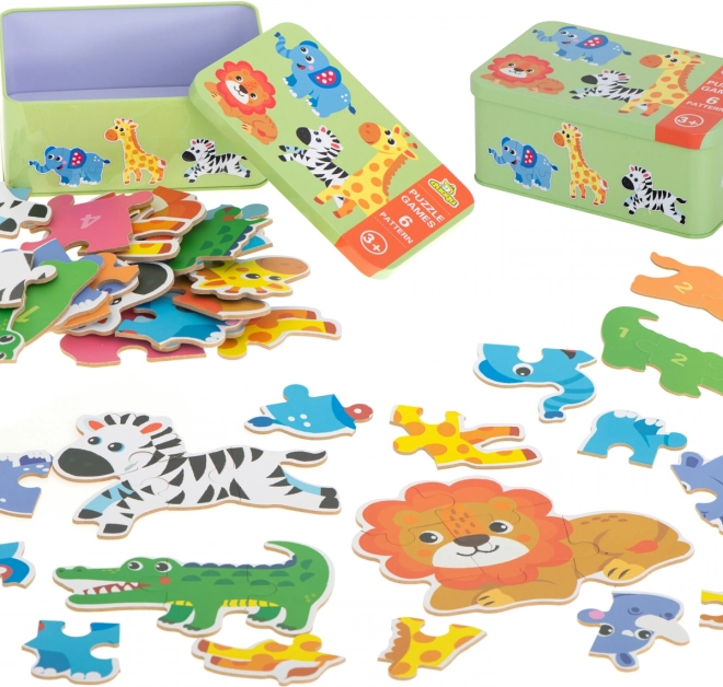 Otroški puzzle v kovinski škatlici – živali s safarija, 25 koščkov