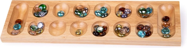Lesena igra Mancala z barvnimi steklenimi kamenčki Bigjigs Toys