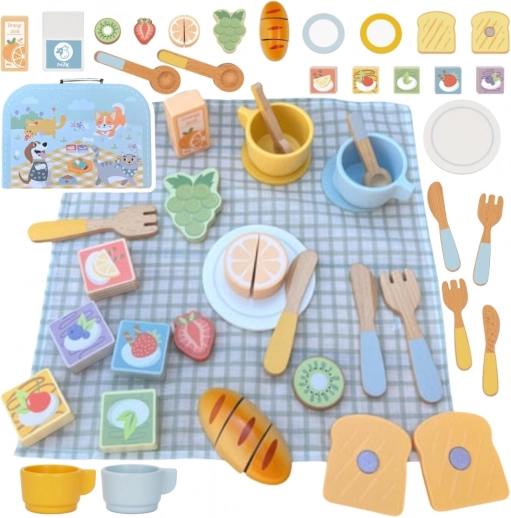 Tooky Toy leseni piknik set z rezanim sadjem v kovčku