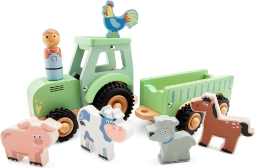 Leseni traktor s prikolico in živalmi New Classic Toys