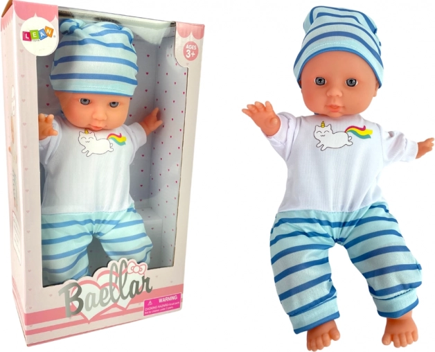 Dojenček punčka v modro-beli črtasti pižami, 30 cm