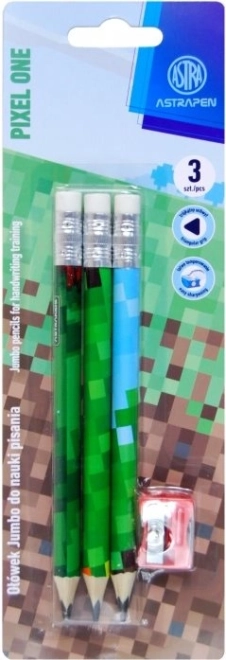 Trikotni svinčniki HB z ošililnikom ASTRA Pixel One, 3 kosi