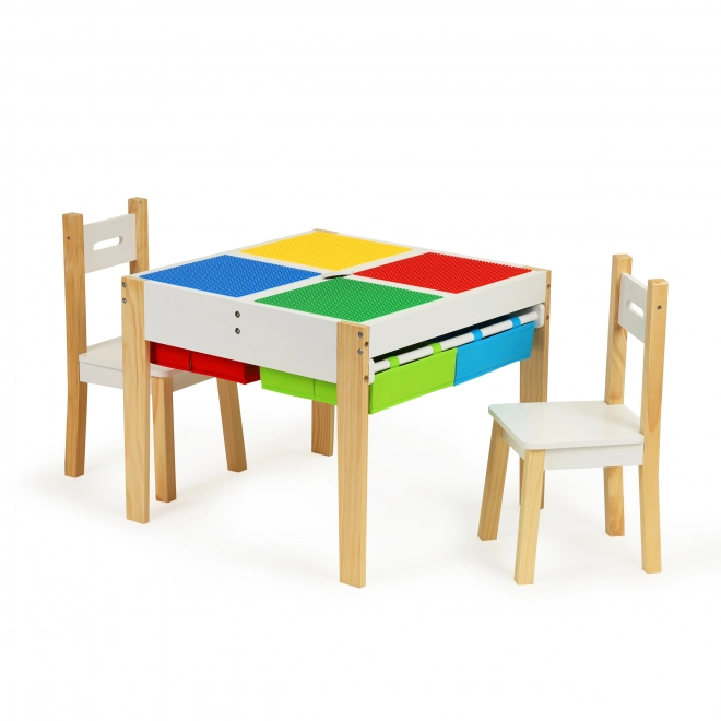 ECOTOYS Lesena otroška miza z igralno ploščo in dvema stolčkoma