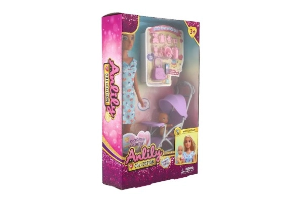 Lutka Anlily 30cm z deklico in vozičkom + dodatki plastika v škatli 20x32x7cm