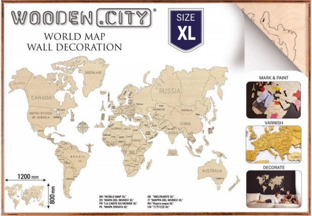 Leseni zemljevid sveta XL 120 × 80 cm WOODEN CITY
