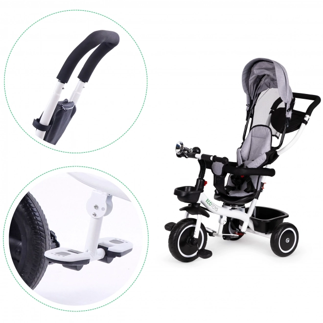 ECOTOYS Tricikel z nadstreškom in vodilno palico - siva