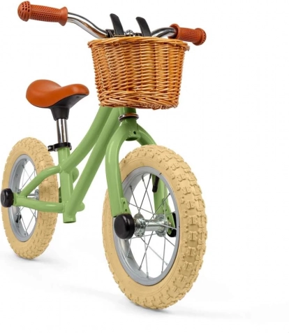 Ravnotežno poganjalo BIGJIGS TOYS zeleno s pleteno košaro