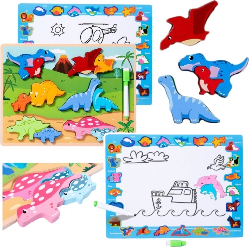 Lesena izobraževalna sestavljanka dinozavri z risalno tablo