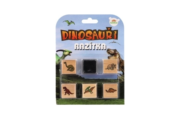 Leseni žigi 5+1 s blazinico dinozavri 3x3cm na kartonu