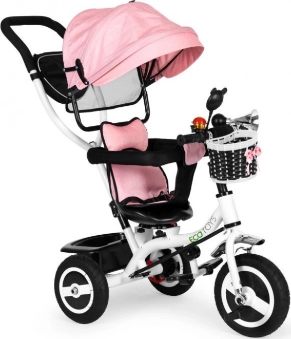ECOTOYS Tricikel s streho in vodilno palico roza