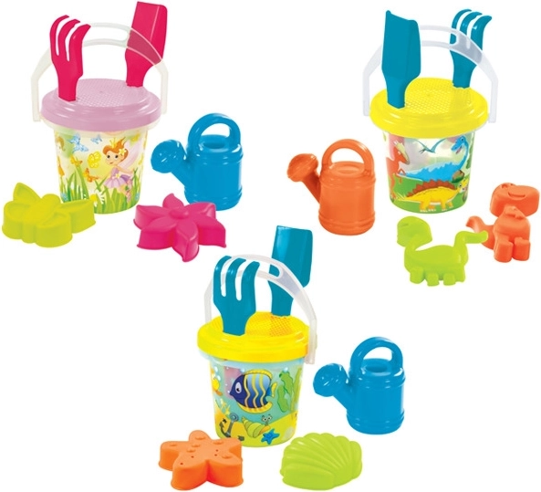 Prozoren komplet za pesek s kanglico – vile, dinozavri in ribice 1,3 l