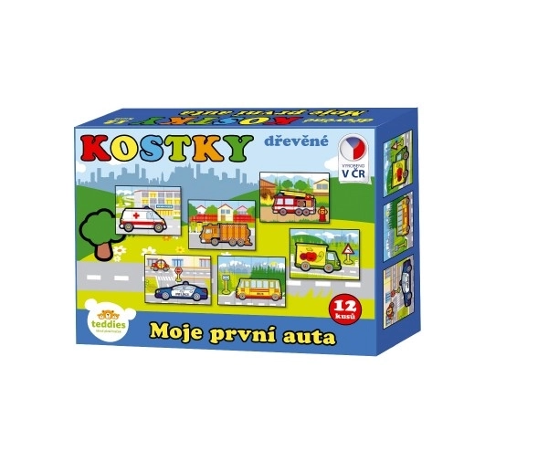Lesene kubus kocke Moji prvi avtomobili 12kos v škatlici 17x12,5x4cm MPZ