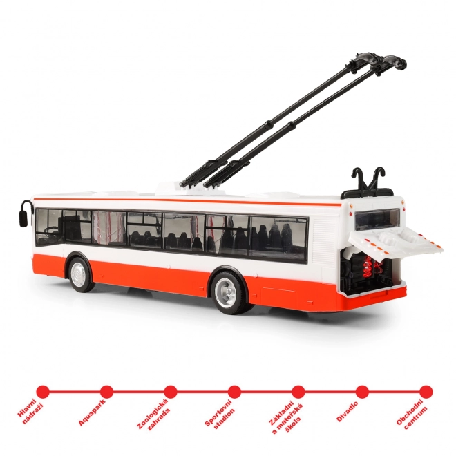 Trolejbus slovensko govoreči plast 29cm rdeč brezplačna vožnja na baterijah s svetlobo in zvokom v škatli 33x11x10cm