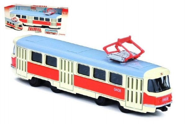 Tramvaj Tatra T3 češka kovinska 16cm retro z vzvratno vožnjo v škatli 20x8x6cm CZ dizajn