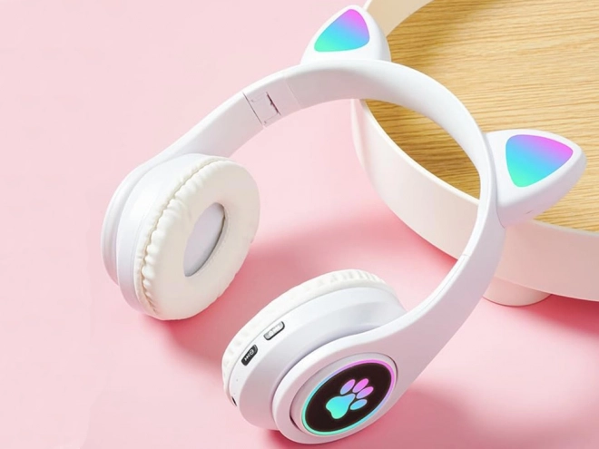 Brezžične slušalke bluetooth radio fm mp3 mačja ušesa led osvetlitev – Bele