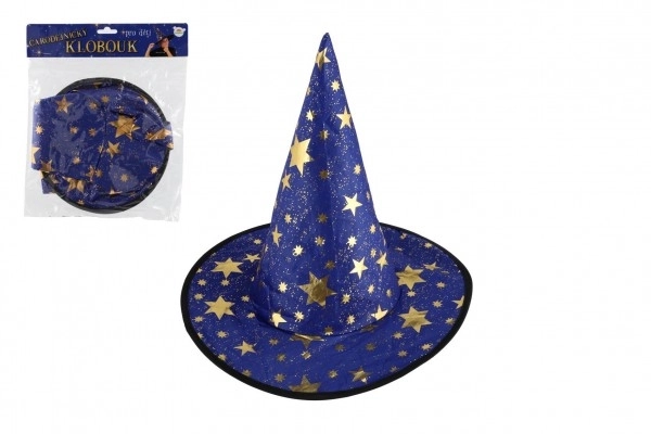 Otroški čarovniški klobuk premer 38cm modro-zlat v vrečki za karneval