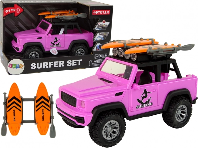 rožnat terenski avto 1:14 s surf setom in vztrajnikom