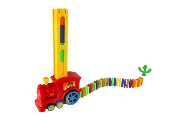 Lokomotiva/Vlak domino postavljajoči plast 16cm na baterije z zvokom in svetlobo v škatli 33x23,5x8cm