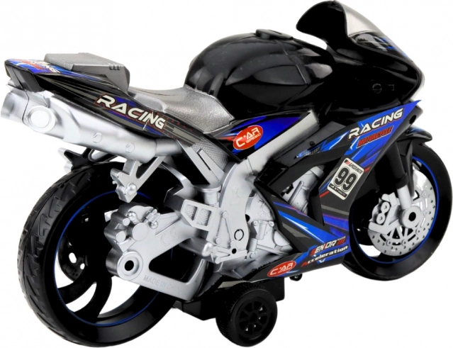 Črno-modri dirkalni motocikel z učinki svetlobe in zvoka