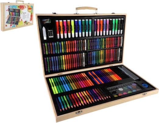 Kreativni slikarski set 180 kos v lesenem kovčku 47 × 30 × 4,5 cm