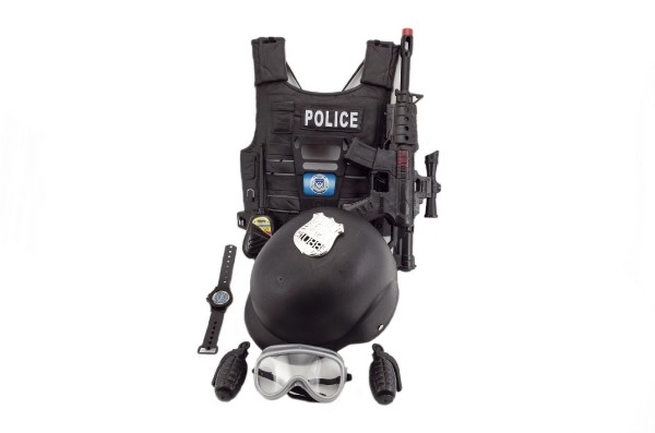 Set policijskega pištola in čelada z dodatki plastika 38 cm v mreži