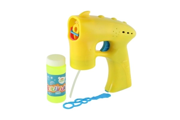 Pištola za milne mehurčke rumena plastika 13cm + 1 polnilo na baterije na kartončku