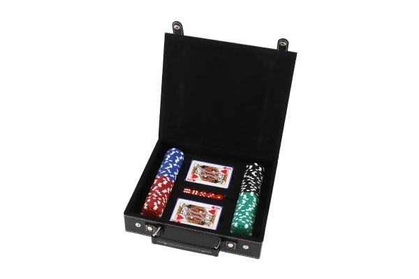 Poker set 100 kosov + karte + kocke v kovčku v škatli 28x25x8cm
