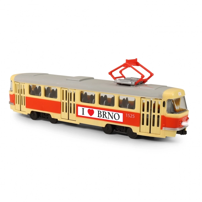 Tramvaj, ki napoveduje postajališča v češčini 28 cm BRNO