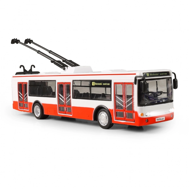 Trolejbus slovensko govoreči plast 29cm rdeč brezplačna vožnja na baterijah s svetlobo in zvokom v škatli 33x11x10cm