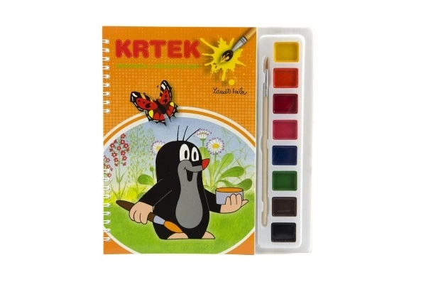 Barvice Krtek z akvarelnimi barvami in čopičem