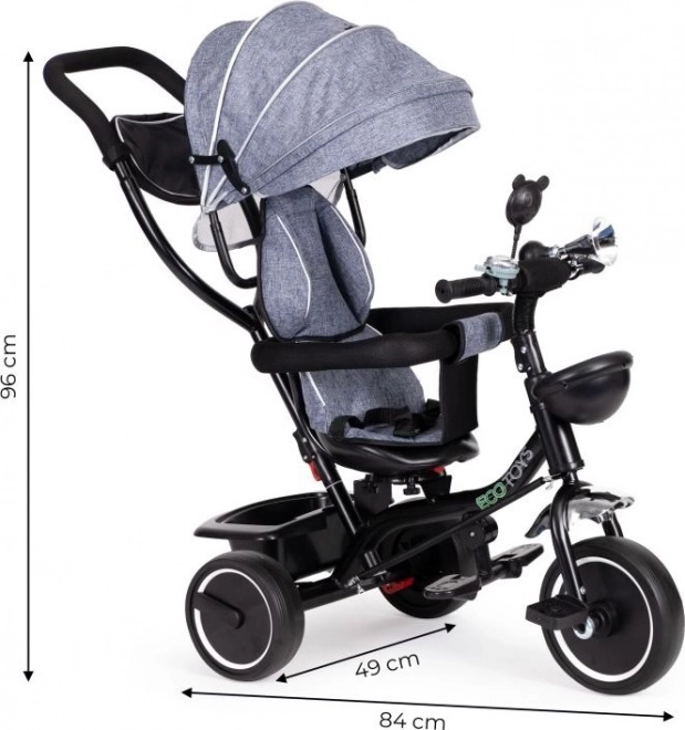 ECOTOYS Tricikel s streho in vodilno palico siva
