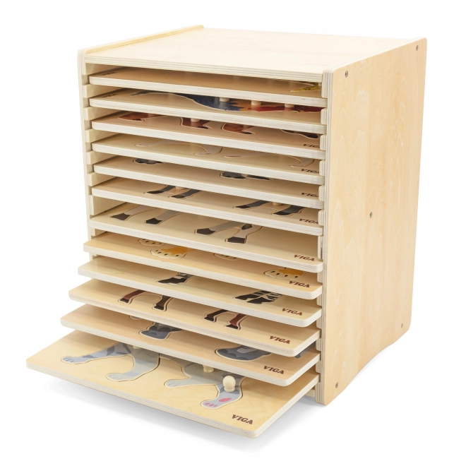 Komplet lesenih puzzlov 12 živali Montessori s stojalom Viga