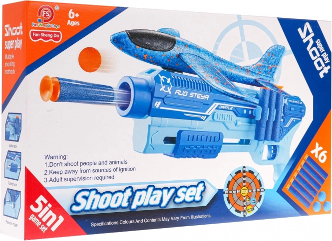 Strelni set 5v1 z izstreljevalnim letalom – moder