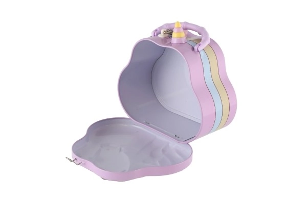 Kovinska pravljica torbica enorog z zaklepanjem 15x14cm 3 barve v plastični škatli