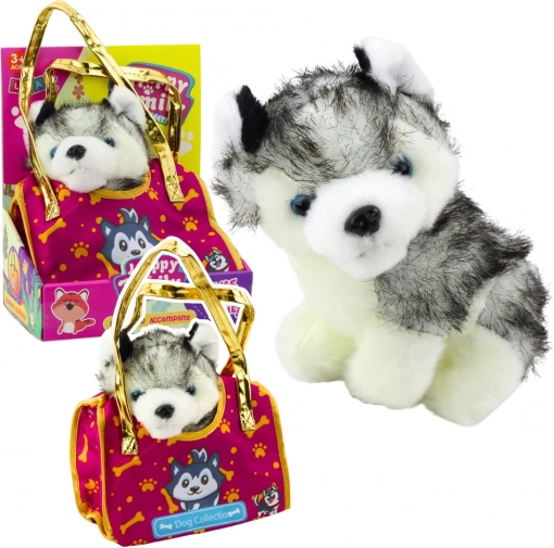 Plišasti pes husky v torbi