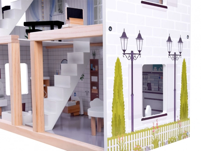 Lesena hiška za punčke z LED lučmi v boho slogu 78cm