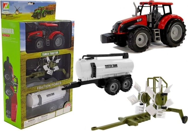 Traktor s prikolico, zgrabljalnikom in cisterno – rdeč