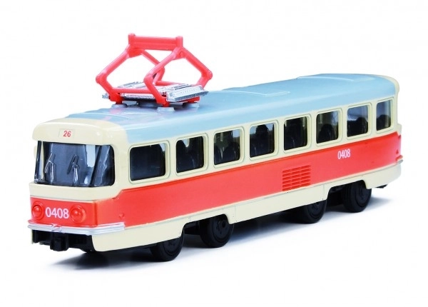 Tramvaj Tatra T3 češka kovinska 16cm retro z vzvratno vožnjo v škatli 20x8x6cm CZ dizajn