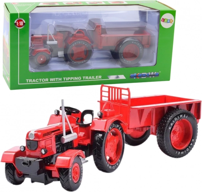 Kovinski rdeči traktor s prikolico 1:18