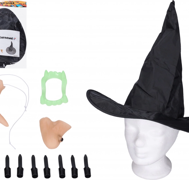 Set karneval - čarovnica (nos, brada, prsti, klobuk in zobje)