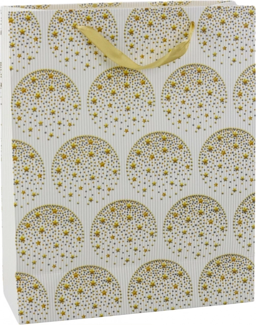Darilna vrečka z zlatimi zvezdicami, bela, 32 × 26 × 12 cm