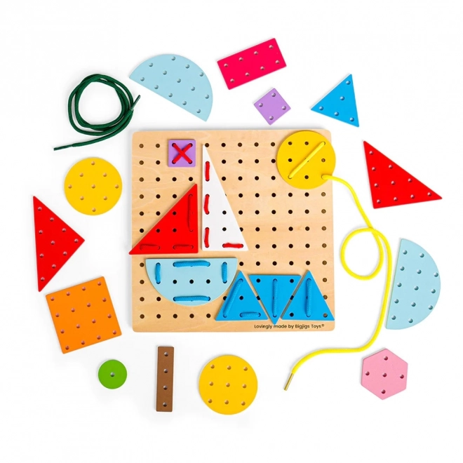 Bigjigs Toys Lesena igra za vezanje Geometrične oblike