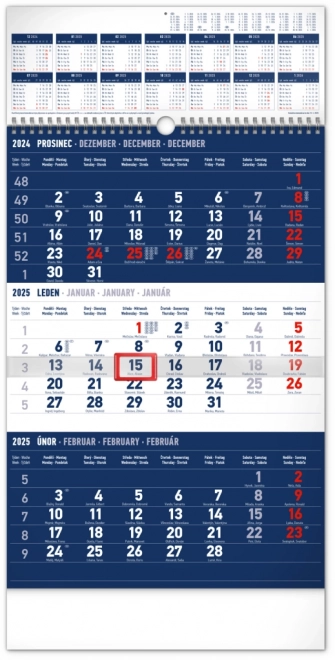NOTIQUE Stenski koledar 3-mesečni standard modri – z letnim pregledom 2025, 29,5 x 43 cm