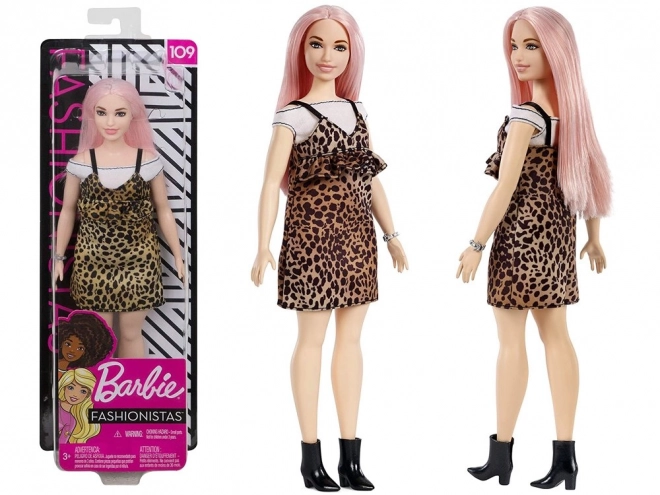 Barbie Fashionistas punčka z rožnatimi lasmi in leopardjimi oblekami